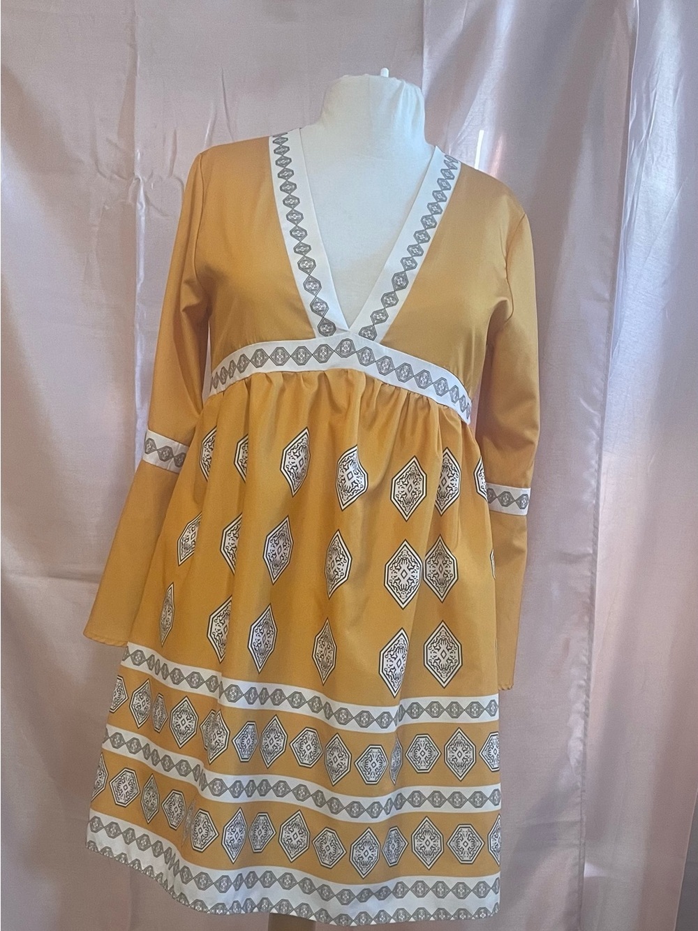 V-Neck Long-Sleeve Mini Dress in Mustard - Picture 1 of 11